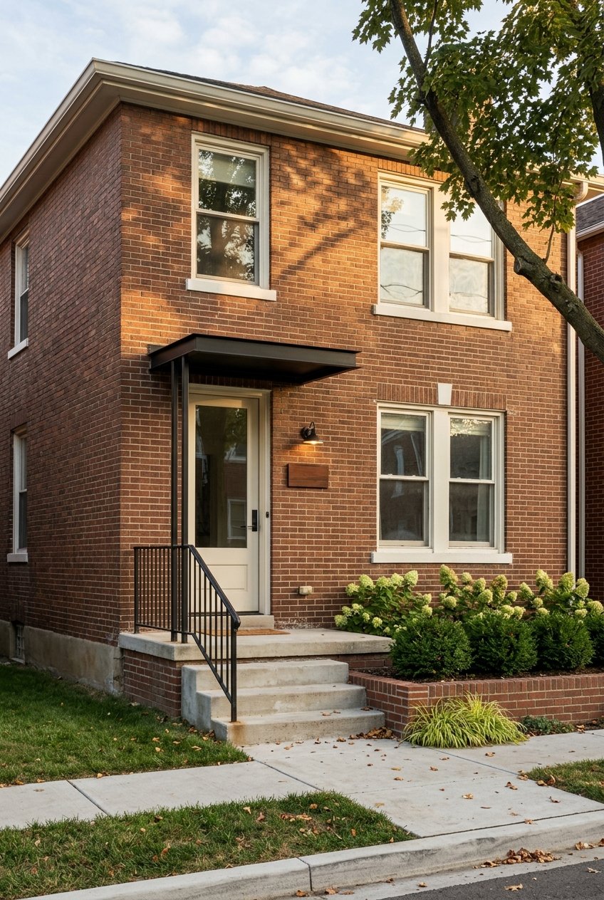 Brick townhouse entrance with concrete stoop, black railing, planter, and warm-lit sconce.