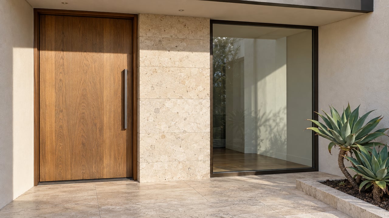 Sunlit recessed home entrance with an oak door, pale limestone pier, bronze-framed glass and a sculptural aloe beside the stone landing.
