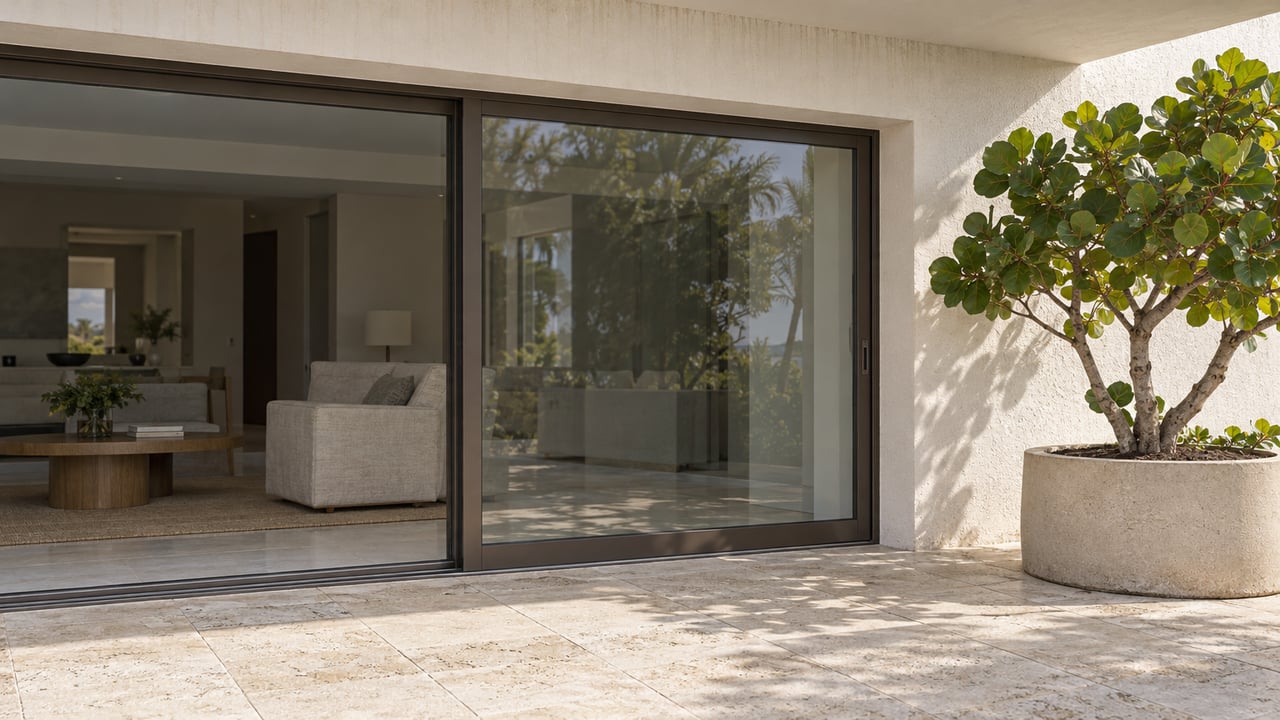 Sunlit contemporary home terrace with bronze-framed glass doors, pale limestone paving and a sea grape tree in a concrete planter.