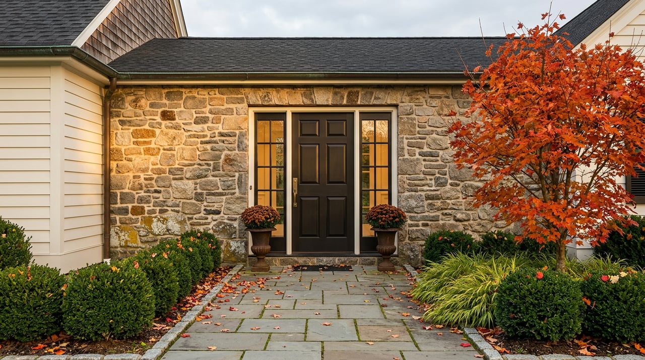Stone entry with dark door, scarlet maple, and leaf-strewn bluestone walk.