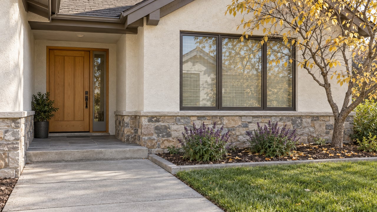 Sunlit stucco home entrance with an oak door, stone base, and an autumn redbud beside a broad window.