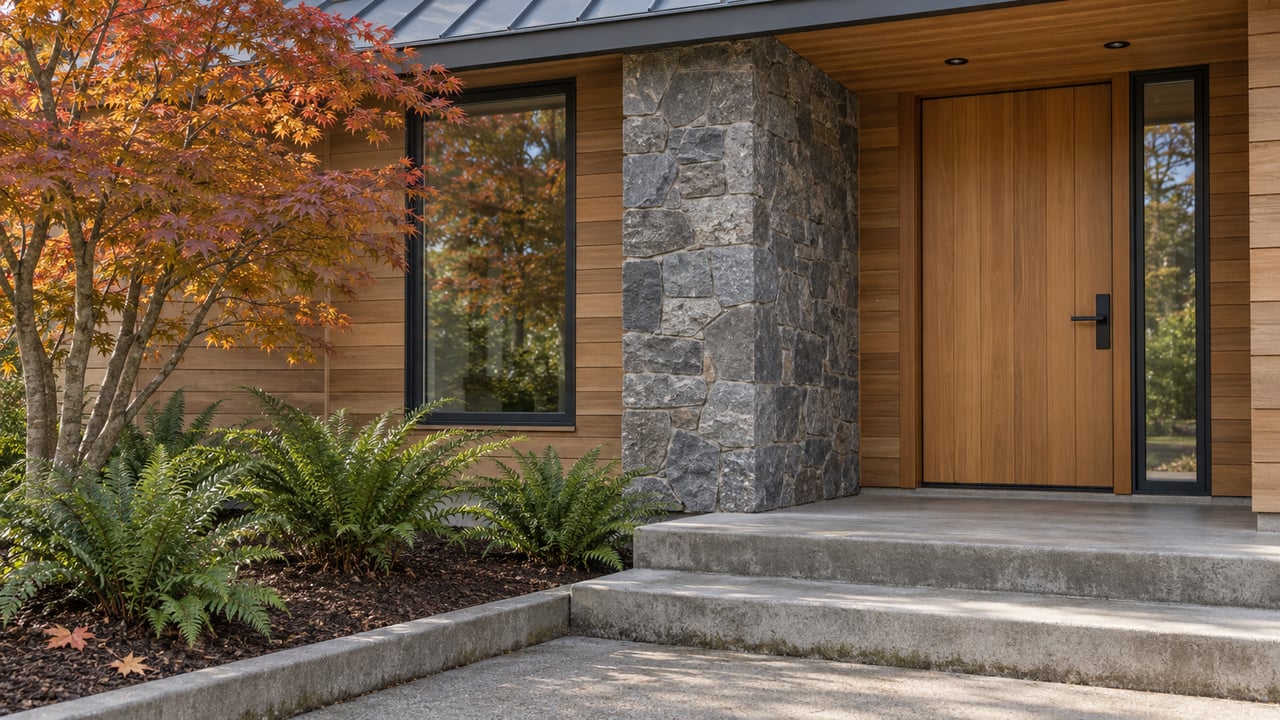 Close view of a cedar-clad home's covered entry with a fir door, basalt pier, concrete steps and autumn vine maple.
