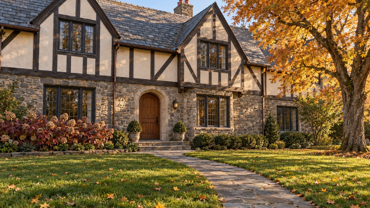 Afternoon light on a stone and ivory-stucco home, with a deep green lawn, curving flagstone path and orange-gold maple.