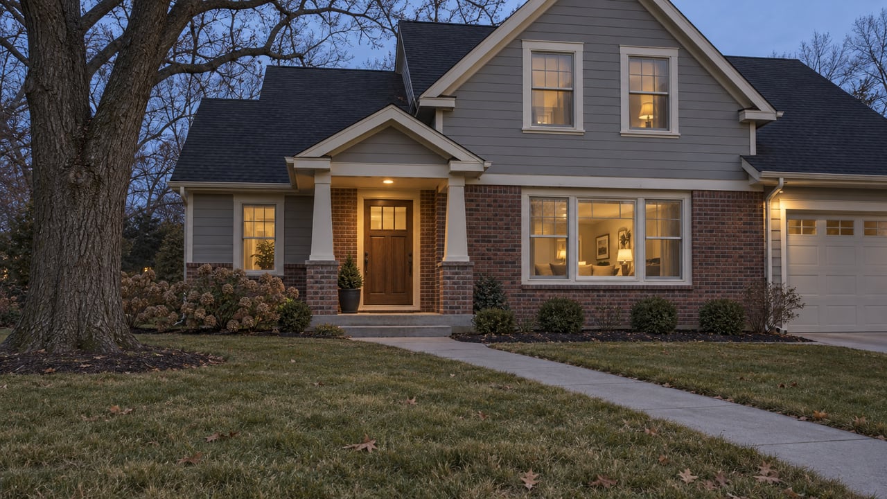 A gabled home with gray siding and brick walls glows warmly at dusk beyond a deep late-autumn lawn.