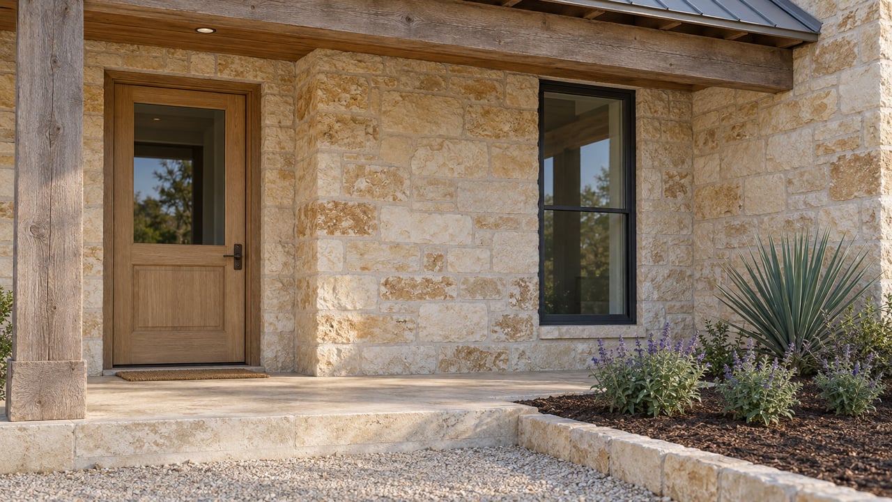Morning light across a limestone home's cedar porch, glazed oak entry door and stone steps beside flowering sage and a blue-gray yucca.