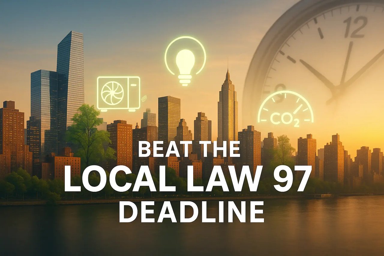 Skyline of New York City at sunset with green energy icons and a large clock overlay, promoting Local Law 97 deadline compliance.