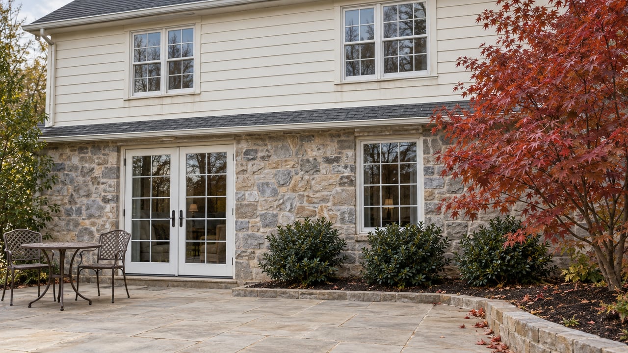 Autumn garden terrace beside a stone-and-cream-sided home, with pale paving, two metal chairs and a copper-red Japanese maple.