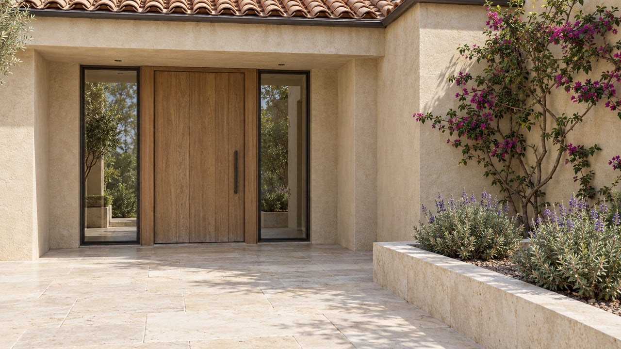Sand-stucco home entrance with an oak door, paired glass sidelights, clay roof tiles and a limestone terrace beside violet bougainvillea.