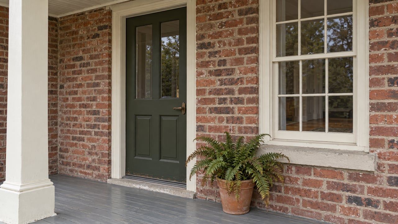Covered brick-home porch with an olive wood door, cream paned window, weathered painted floorboards and one potted fern.