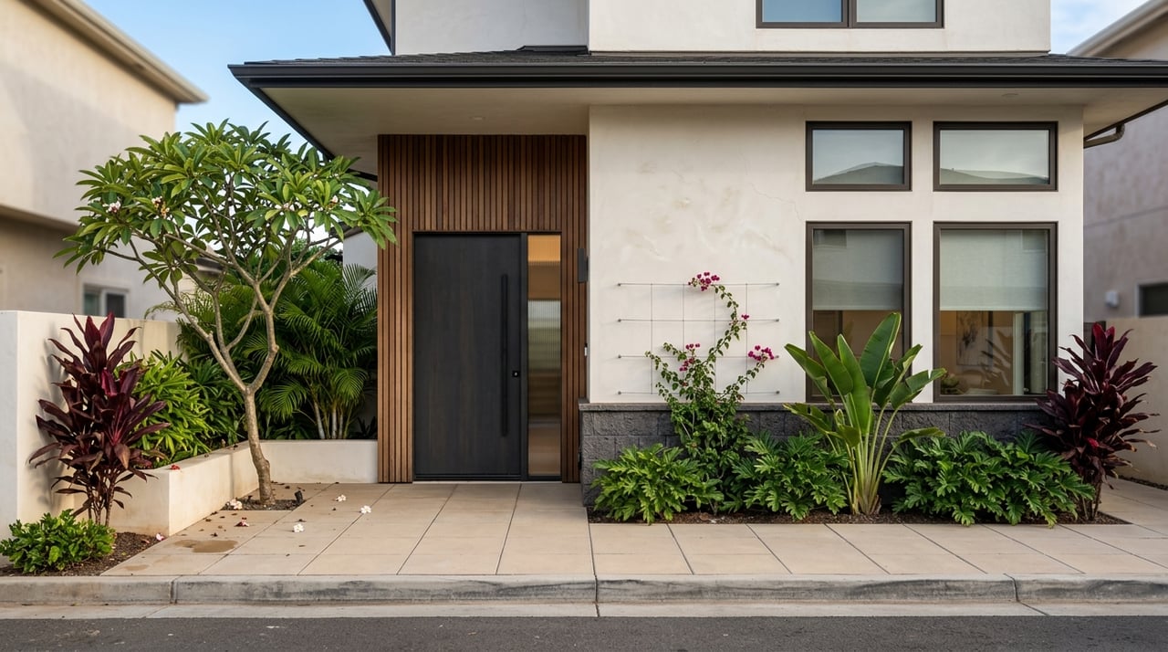 Renovated two-story stucco home with a dark basalt base, plumeria, and areca palms.
