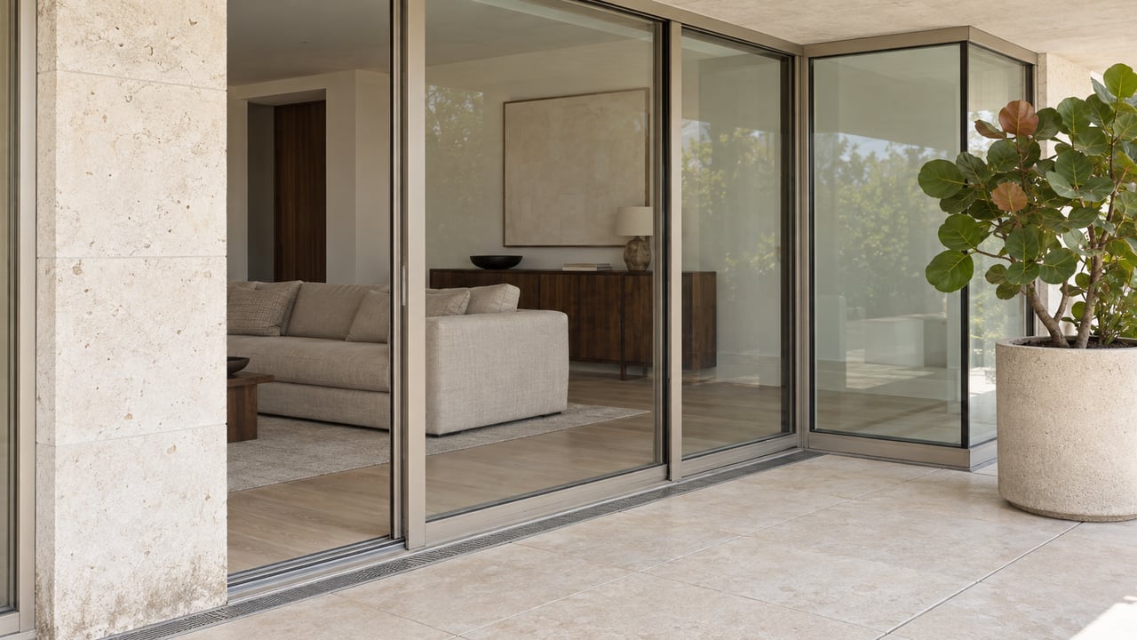 Covered terrace with pale stone paving, closed glass doors, a walnut cabinet and linen sofa inside, and a single sea grape in a cast-stone planter.
