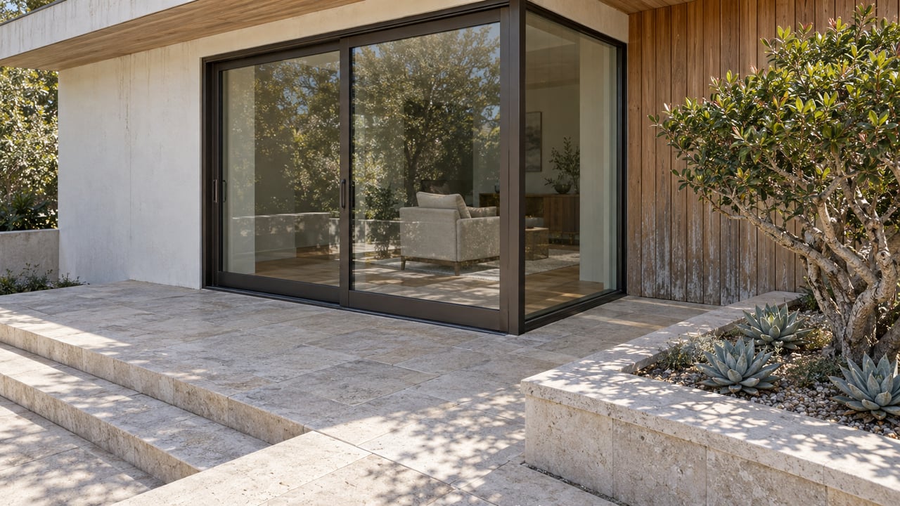 Sunlit limestone terrace beside a white-stucco home with cedar siding, bronze-framed glass doors and a raised bed of sculptural planting.