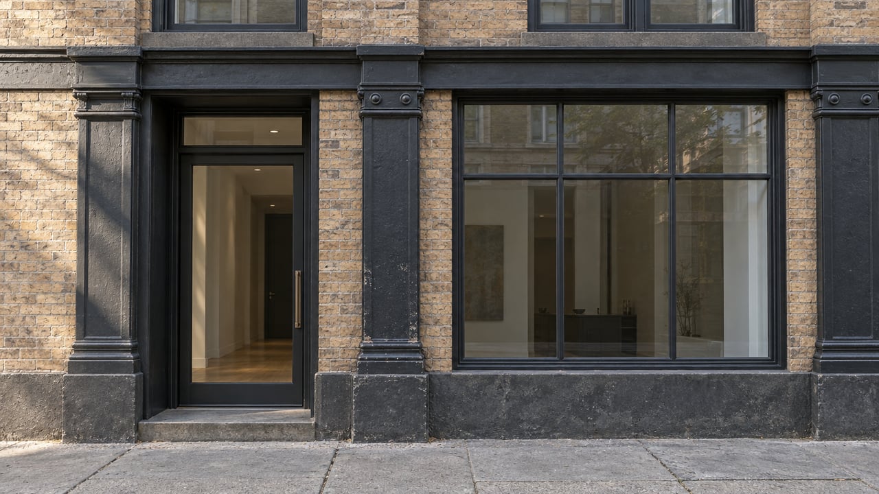 Buff-brick loft facade with a recessed glass entrance beside a tall steel-framed window and cast-iron pier.
