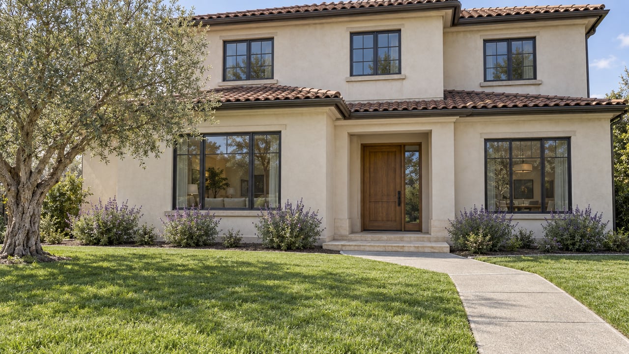 Two-story cream-stucco home with a clay-tile roof, oak entry, deep front lawn, and a mature olive tree.