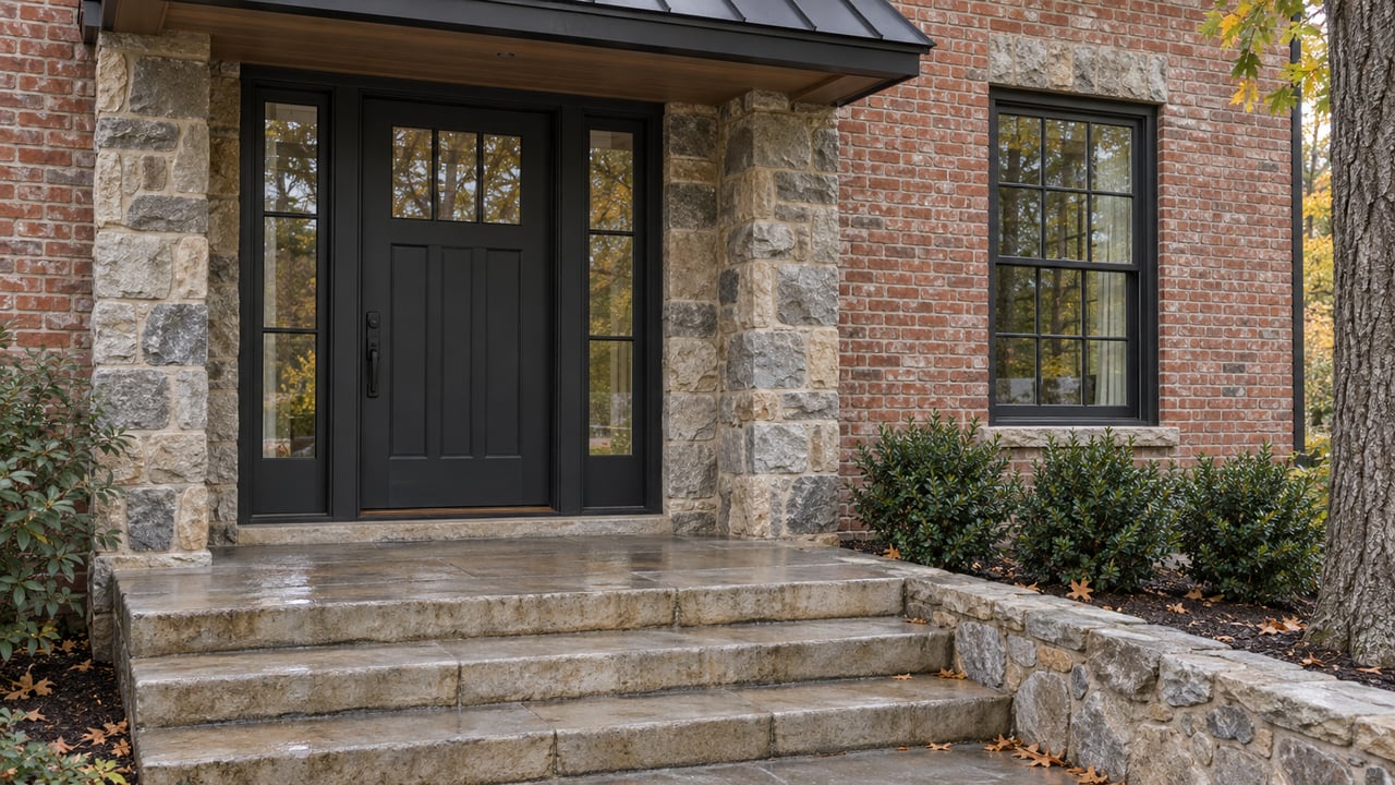 Brick-and-fieldstone house entry with a dark timber door, glazed sidelights, and damp limestone steps.