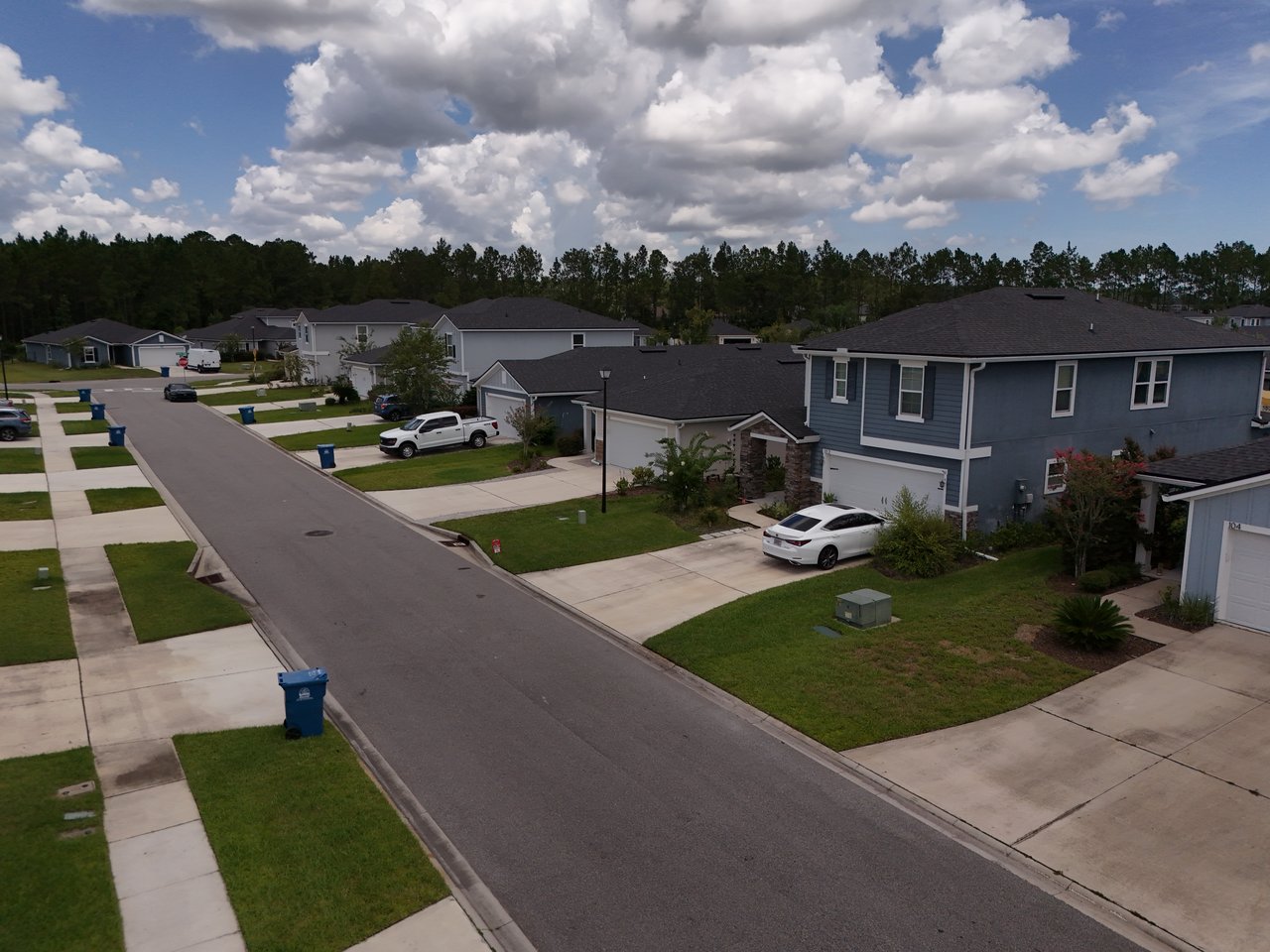 Aerial view of Meadow Ridge homes along a residential street, with green lawns and a wooded tree line.