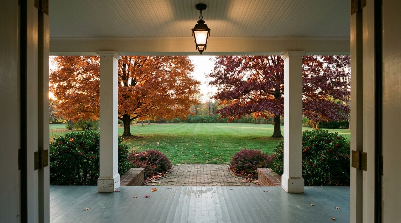 Colonial porch overlooks a lawn between autumn maple and oak trees, beneath a lit lantern.
