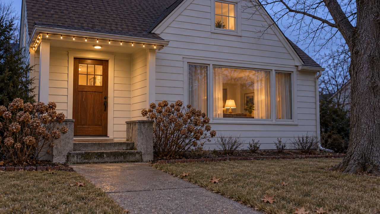 An off-white cottage at winter dusk with warm windows, a concrete approach, dried hydrangea flowers and a bare maple tree.