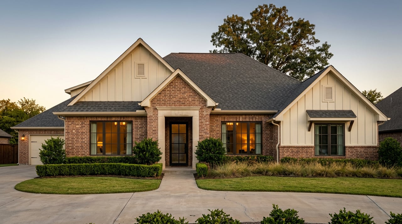 Brick-and-cream estate home with glowing windows, curved drive, lawn, and mature oak beneath dusk sky.