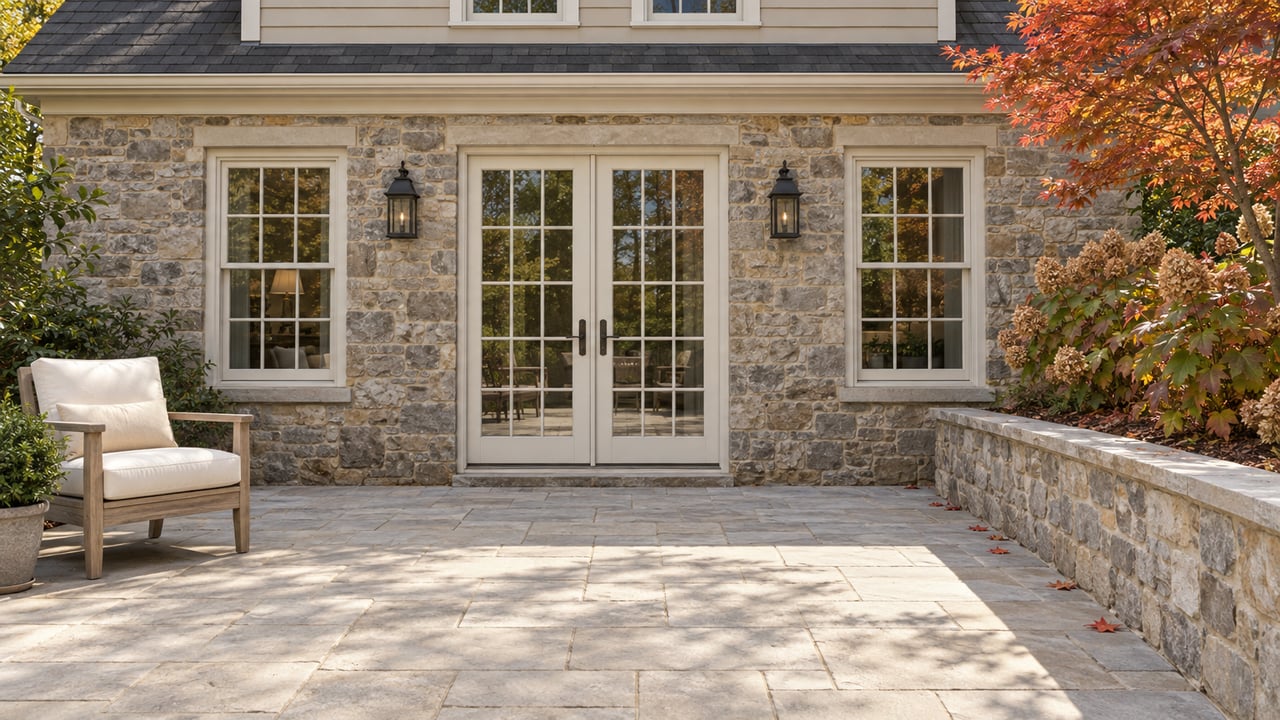 Pale stone terrace beside a stone-and-cream house, with closed divided-light doors, a teak chair and orange-red autumn foliage.