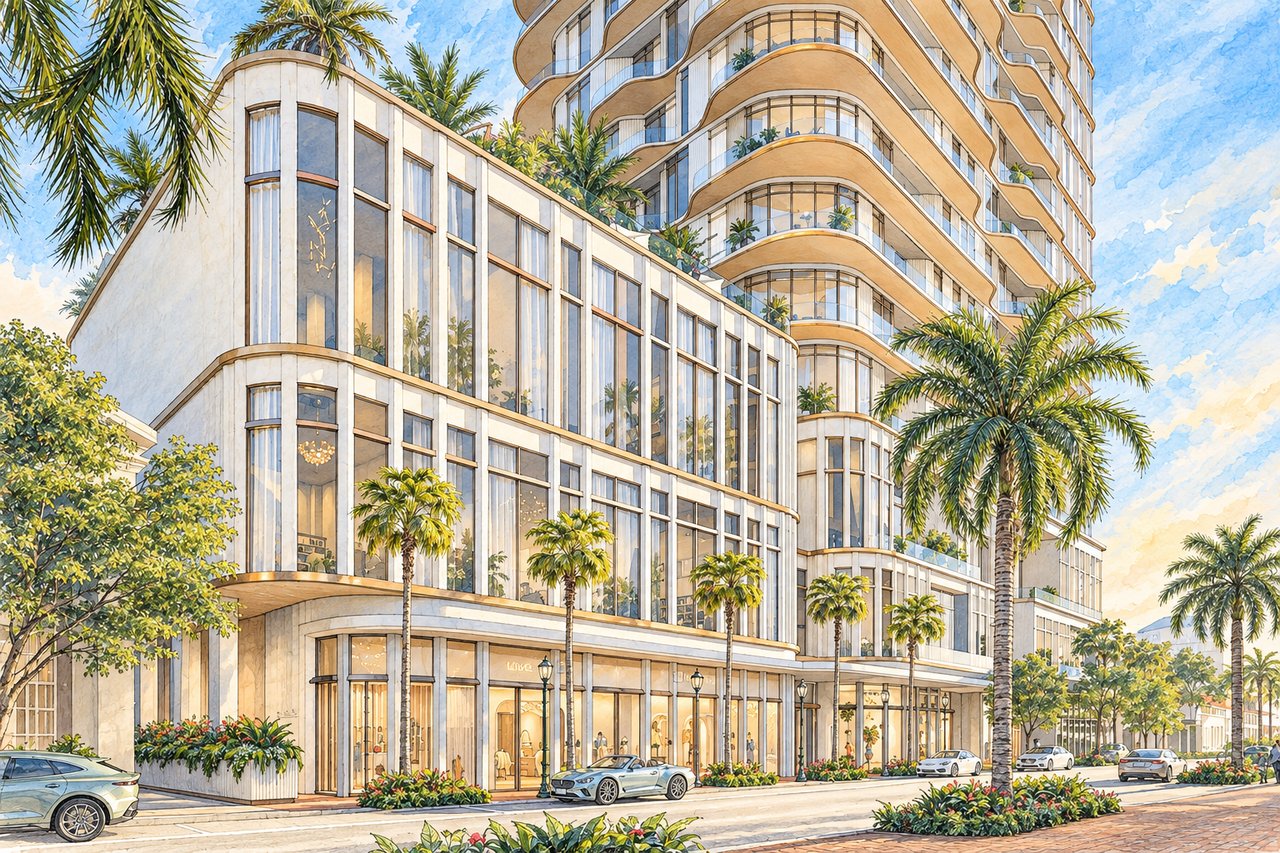 Waldorf Astoria Residences Sarasota, a high-rise with curved balconies and a palm-lined street frontage.