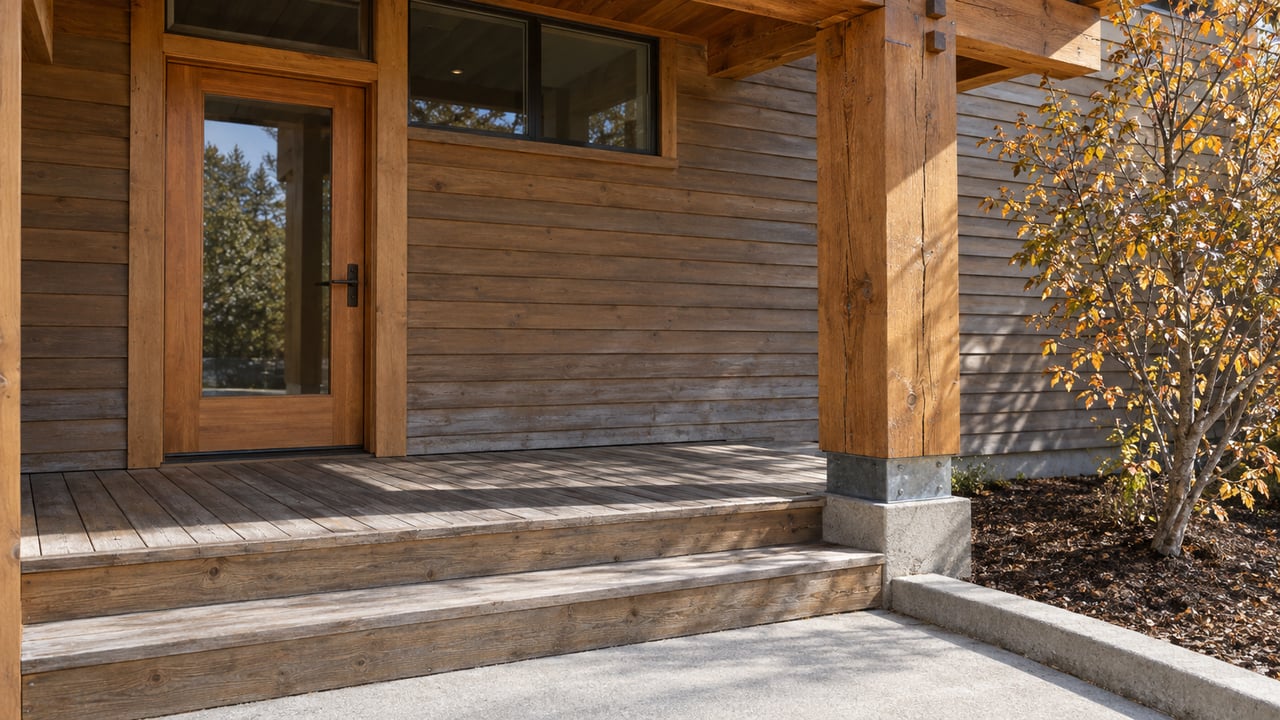 Timber-framed home entry with a glazed wood door, weathered porch steps and an autumn serviceberry beside a concrete approach.