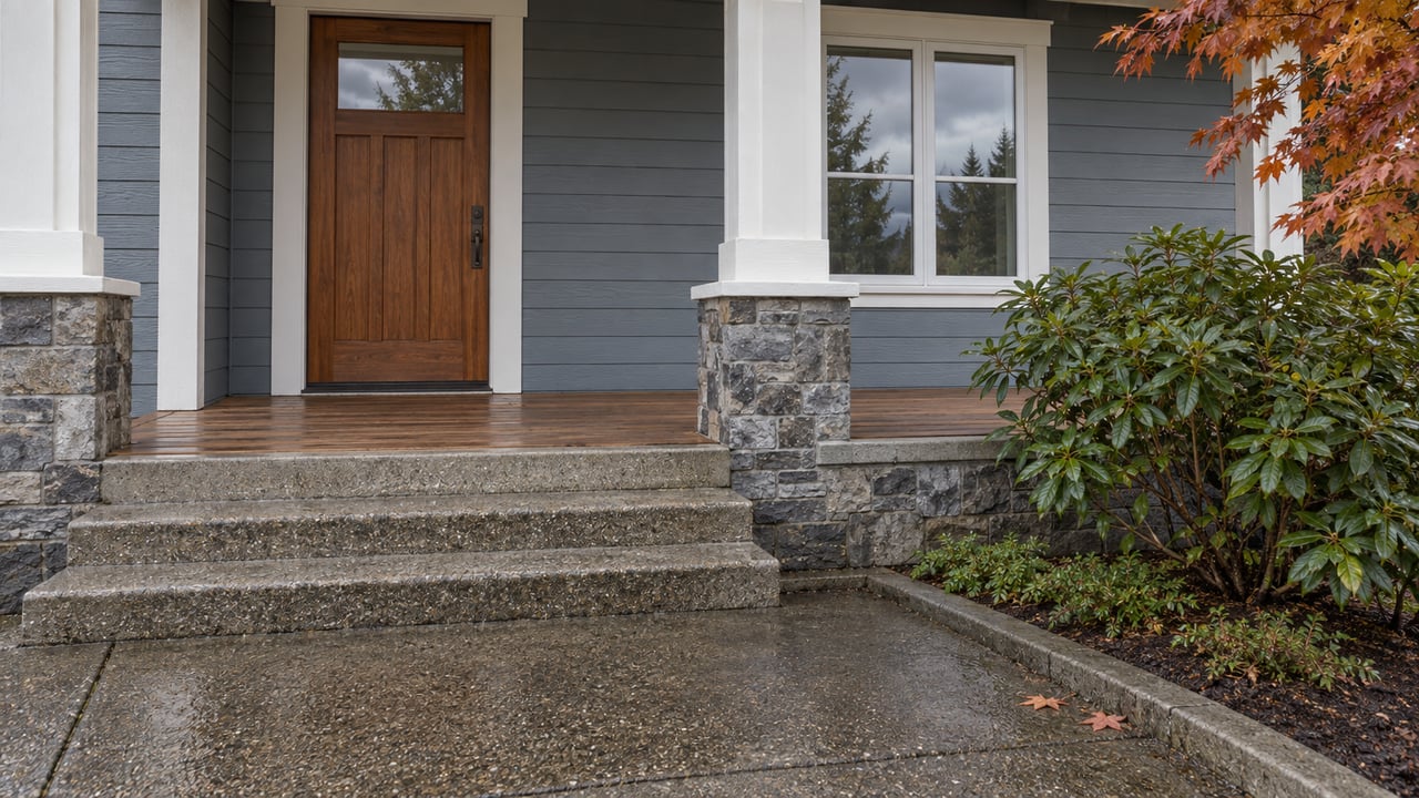 Rain-damp concrete steps lead to a covered wood entrance with gray-blue siding, stone porch base, and autumn maple leaves.