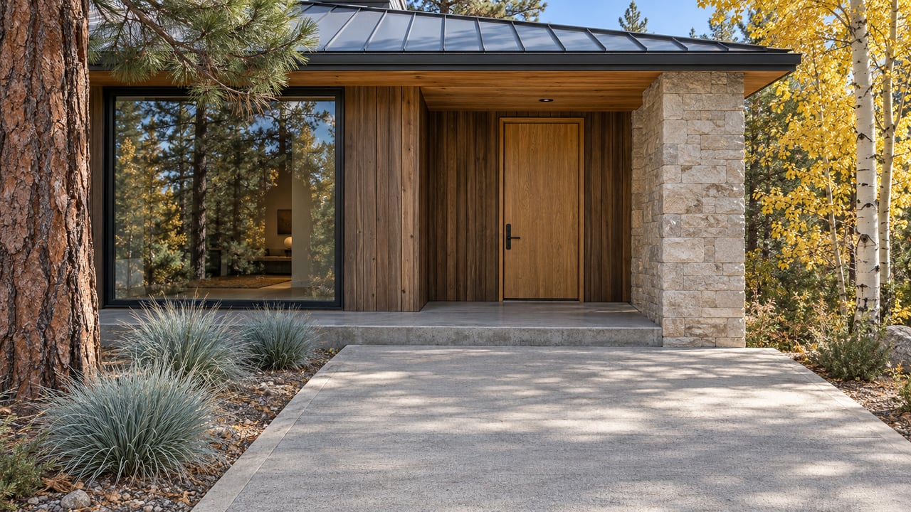 Wood-and-stone home entry with broad concrete approach, dark-framed glazing, and autumn trees.