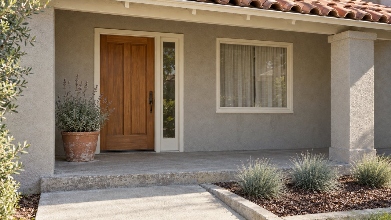 A shaded wood front door beside a cream-framed window, with a terracotta sage planter on a worn concrete porch beneath red clay roof tiles.