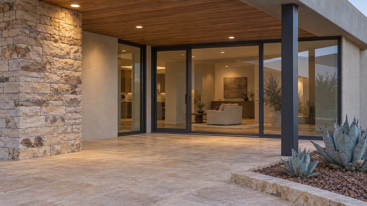 An evening terrace with cedar soffits, warm stacked stone, closed dark-framed glass doors and two sculptural blue-gray agaves.