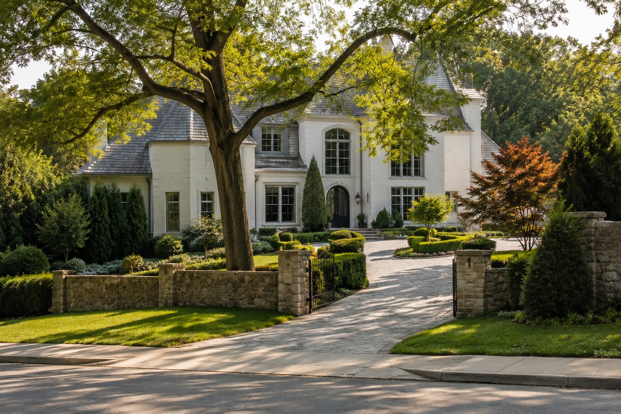 A stately luxury estate in Belle Meade, Nashville, featuring timeless architecture, mature tree-lined streets, manicured landscaping, and a gated entrance, reflecting the elegance and prestige of one of the city's most exclusive neighborhoods.