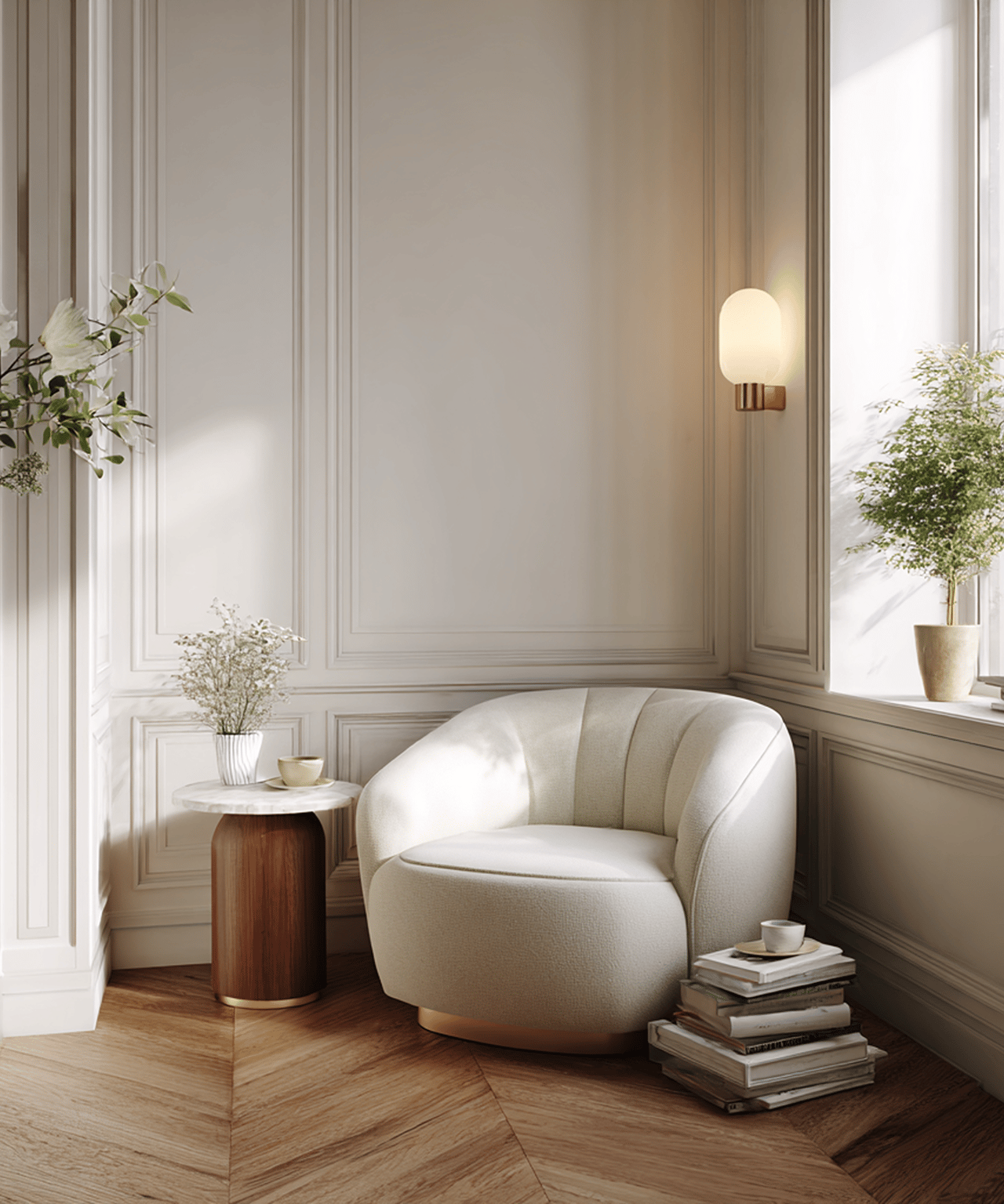 Cream lounge chair beside a round wood side table in a bright, paneled sitting area.