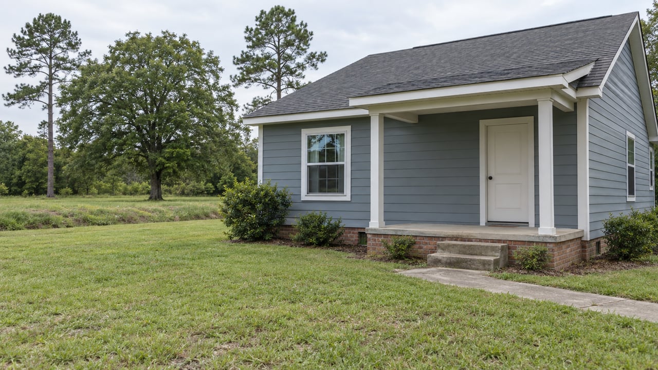 Blue-gray cottage with a covered porch, grassy yard, shallow swale, and three trees beyond.