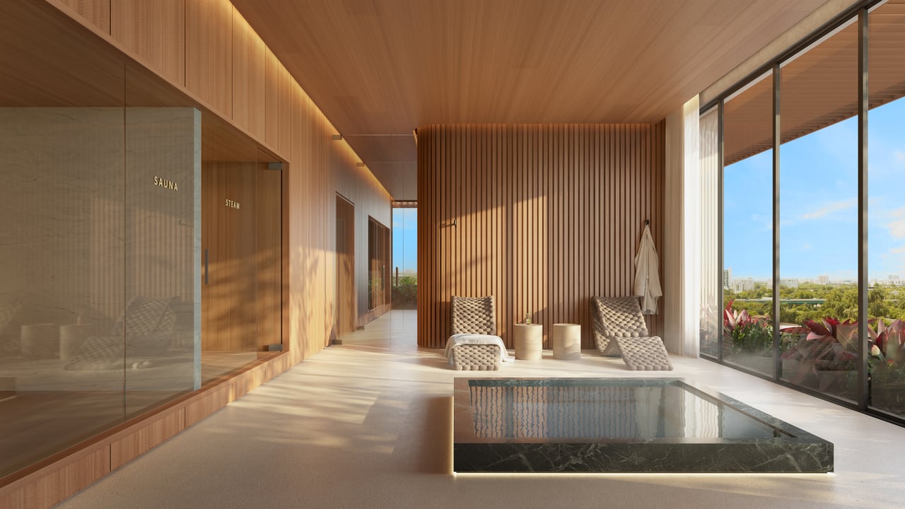Spa and wellness area at Colette Residences with sauna, steam room, jacuzzi, lounge chairs, warm wood finishes, and floor-to-ceiling windows