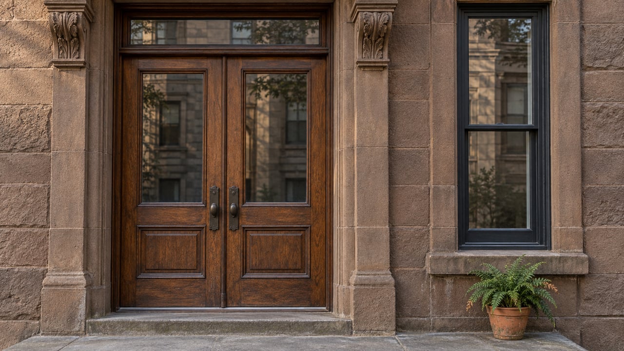 Paired wood-and-glass entrance doors in a weathered brown sandstone facade, beside a tall sash window and a potted fern.