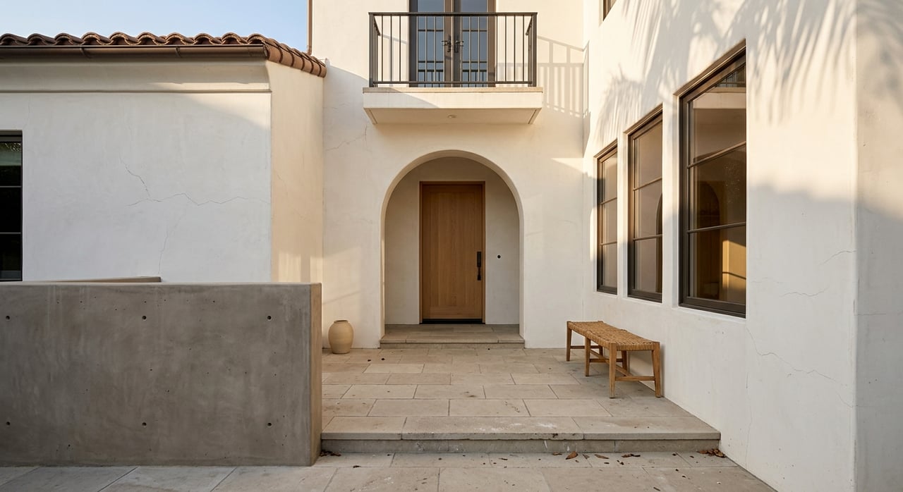 Arched stucco entry with bronze-framed glazing, limestone steps, magenta bougainvillea, and potted courtyard plants.