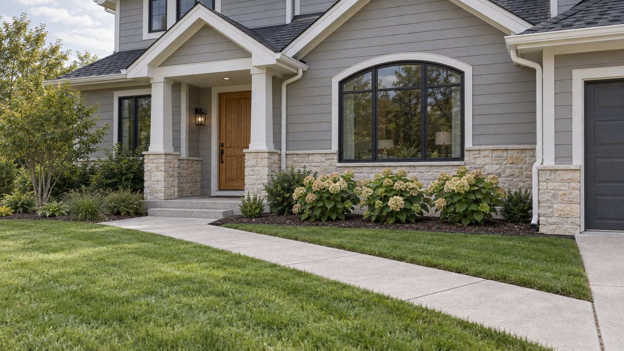 Detached home with gray lap siding, buff stone veneer, an arched window and recessed wood entry beyond a broad lawn and concrete walk.