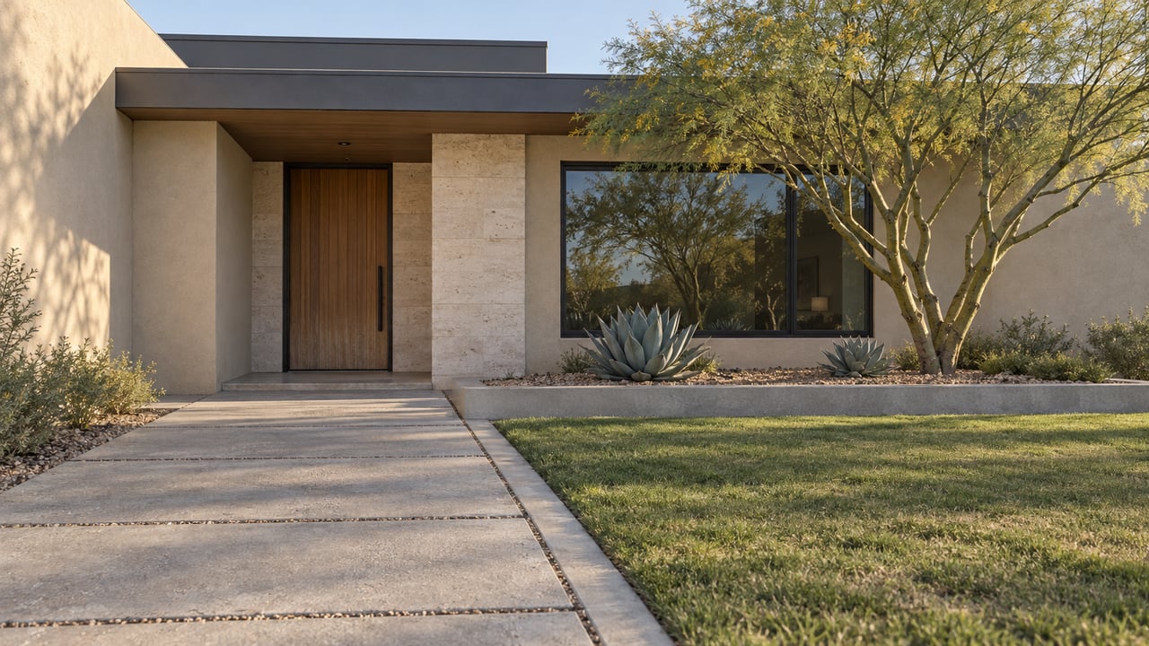 A low-slung stucco home with a recessed oak entrance, dark-framed window, broad paved approach and sculptural desert planting in warm afternoon light.