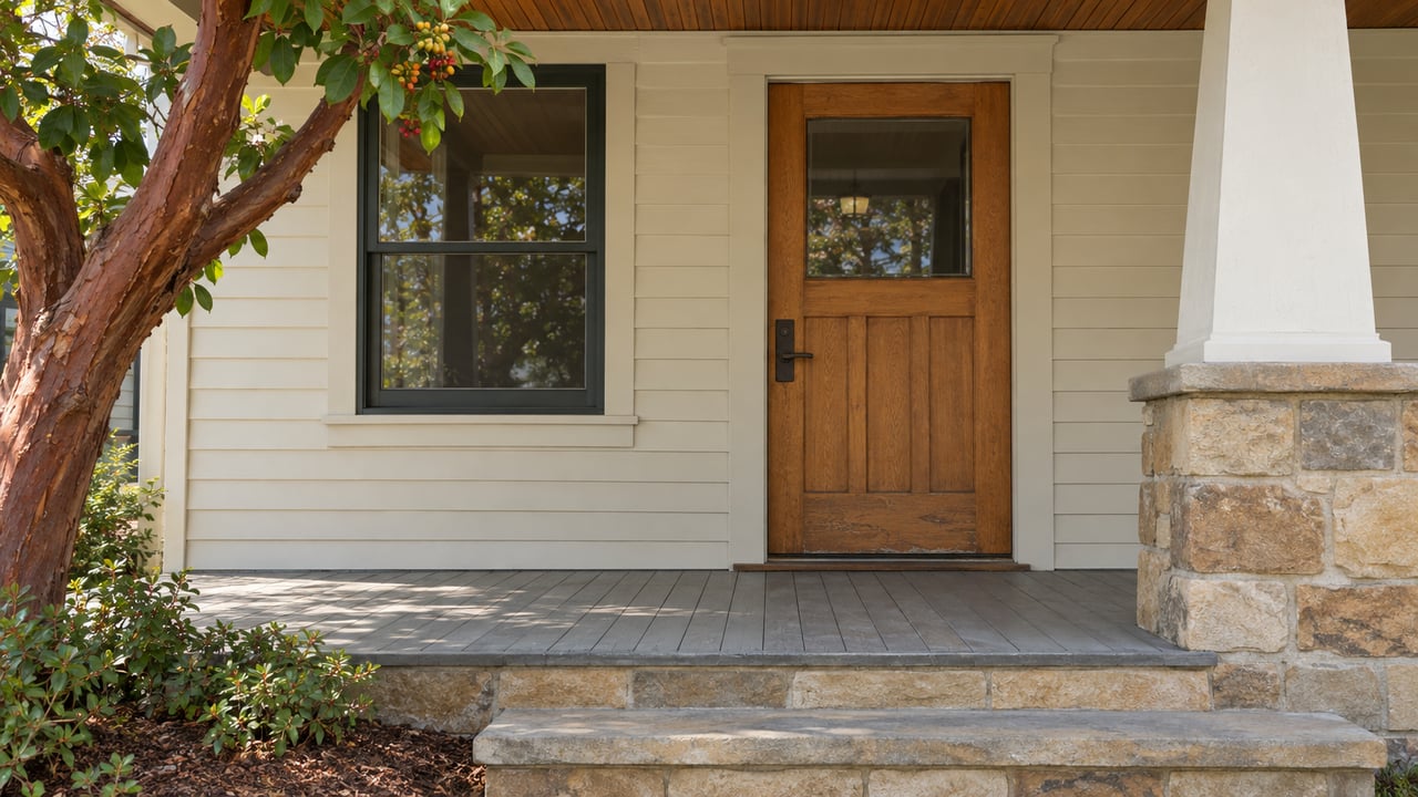 Sunlit cottage porch with cream wood siding, an oak glazed door, dark-framed window, and worn sandstone steps.