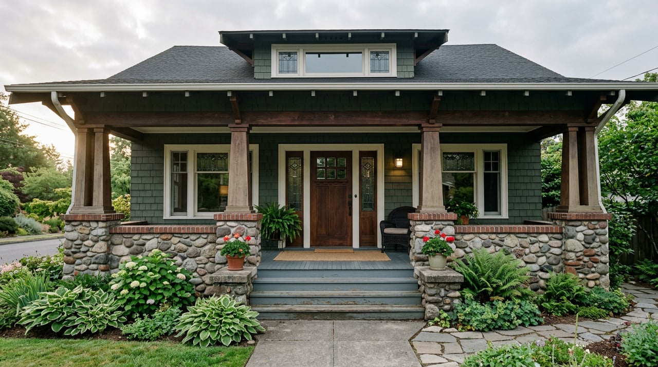 Craftsman bungalow porch with green columns, stone piers, cream clapboard siding, and a brick path.