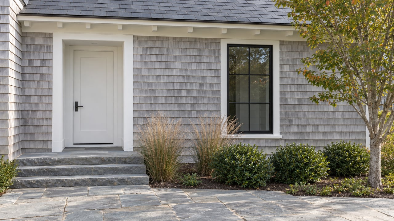 Coastal house entry with a white recessed door, divided-light window, bluestone steps, and low plantings.