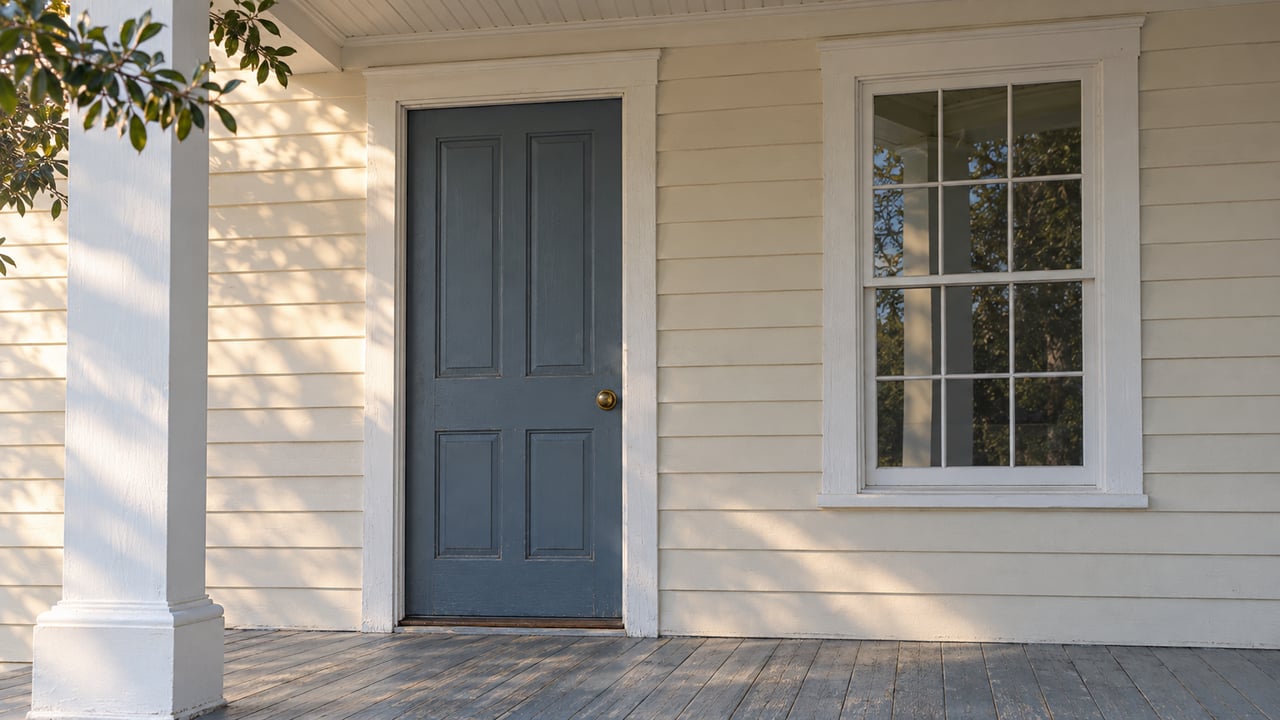 Slate-blue front door beside a six-over-six window on a cream clapboard porch.
