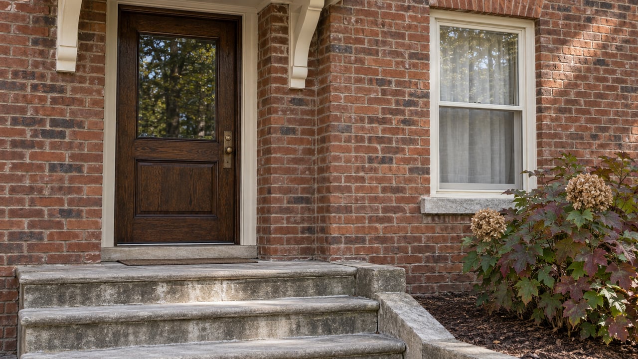 Red brick home entry with a dark oak door, ivory sash window, worn limestone steps, and an oakleaf hydrangea.
