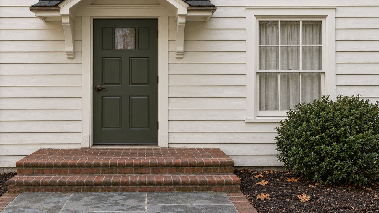 A muted olive front door beneath a small gabled hood, beside a multi-pane window, with brick steps and a bluestone approach in late-fall light.