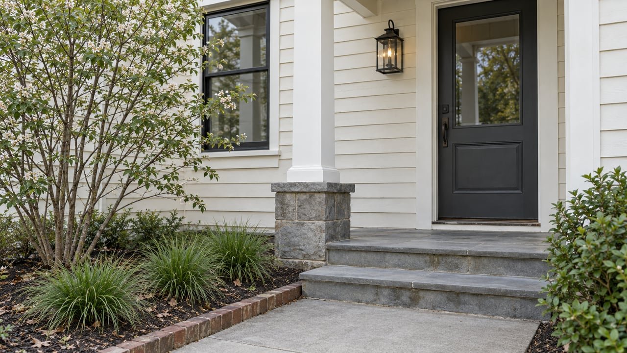 Traditional house entry with a charcoal door, bluestone steps, and grasses edging the concrete walk.