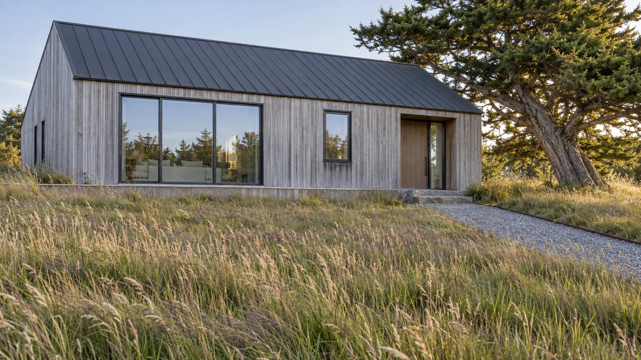Weathered cedar home with broad windows beside a mature cypress, approached through a tawny coastal meadow.