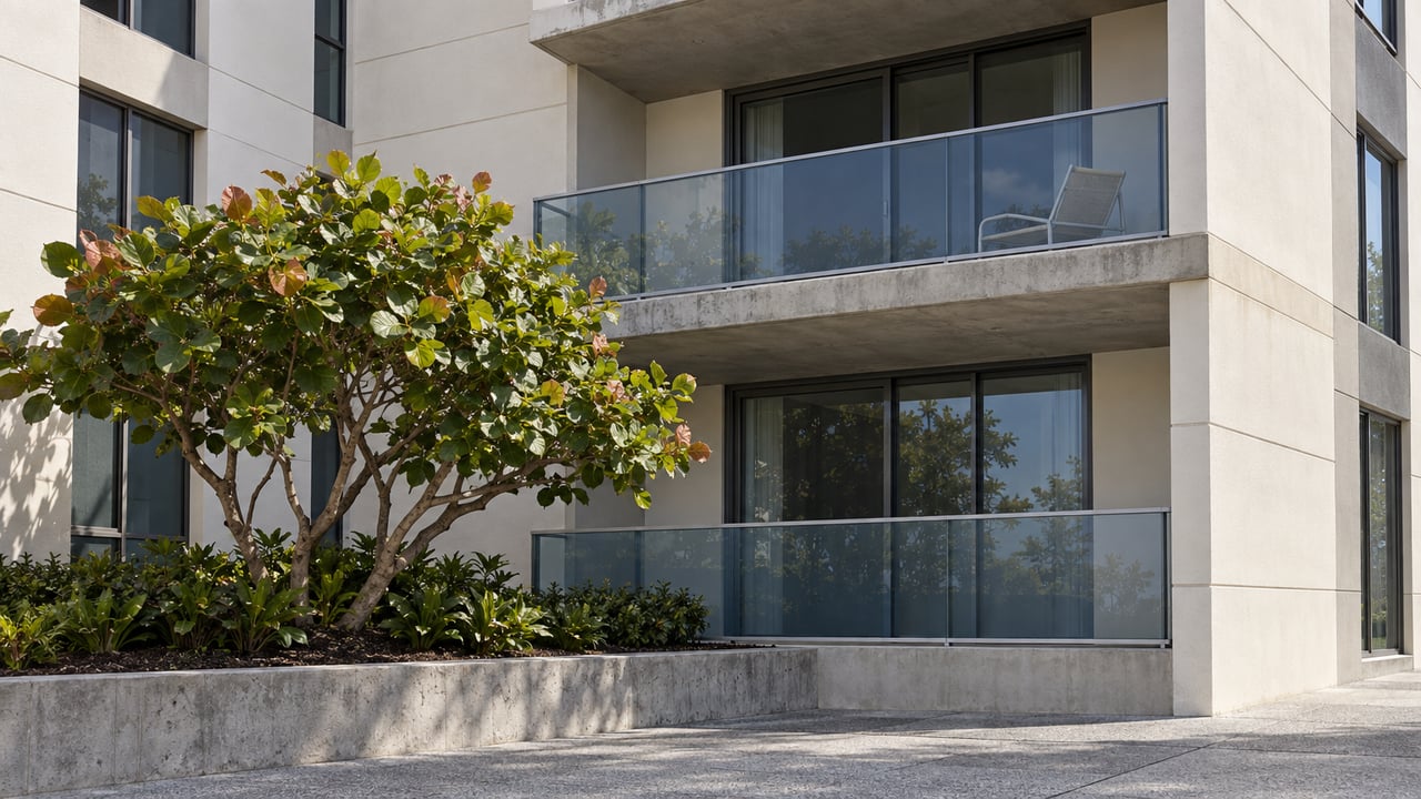 Two contemporary glass-fronted balconies above a concrete courtyard planter containing a broad-leaved sea grape tree.
