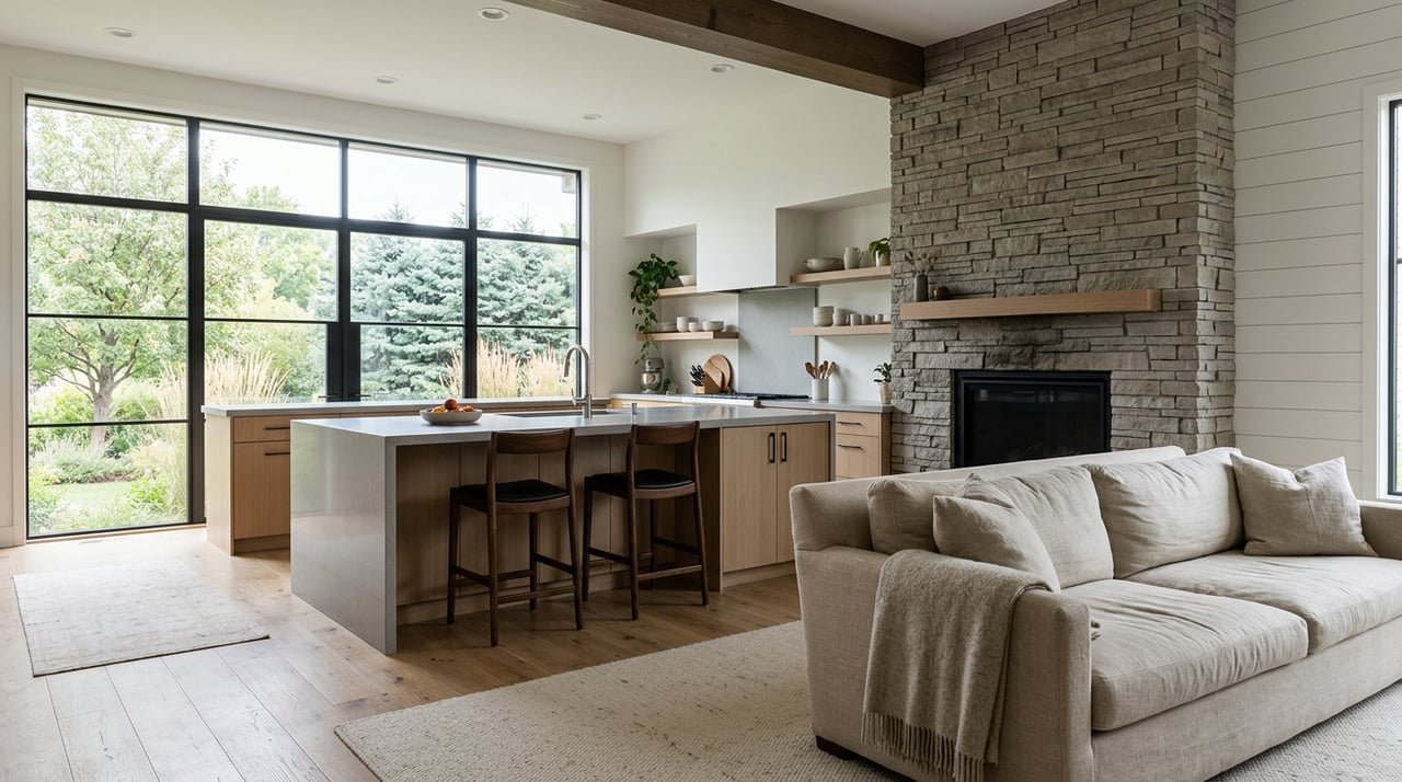 Open-plan great room with a gray stone fireplace, oak kitchen island, oatmeal sofa, and garden beyond steel-framed windows.