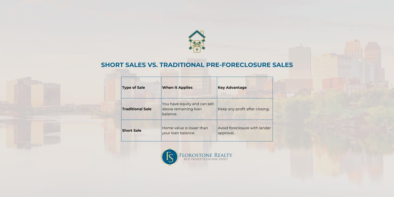 Comparison table explaining short sales versus traditional pre-foreclosure sales, showing when each applies and their key advantages for New Jersey homeowners.