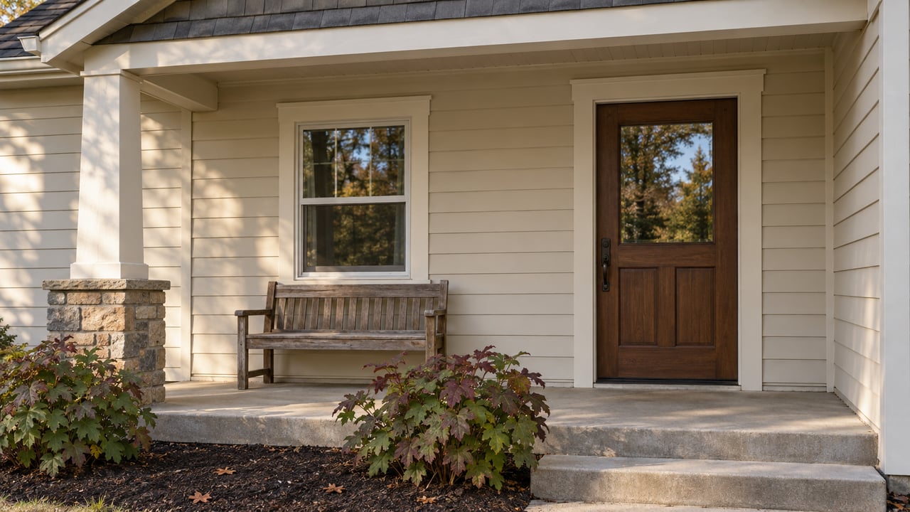 Covered home entry with cream siding, a stained wood door, sandstone porch pier and autumn oakleaf hydrangeas.